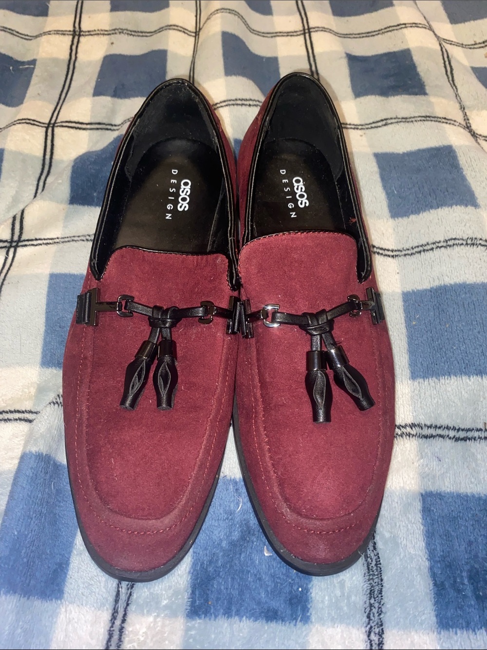 ASOS Burgundy Suede Tassel Loafers with Black Trim